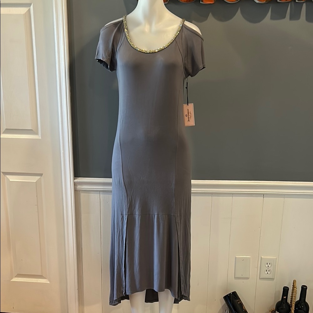 Juicy Couture Elegant Gray Cold Shoulder Dress with Rhinestone Neckline